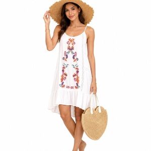 Embroidered White Cotton Adjustable Spaghetti Strap Swim Coverup Dress